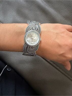 Geneva Silver Ornate Marcasite-Style Bracelet Watch
